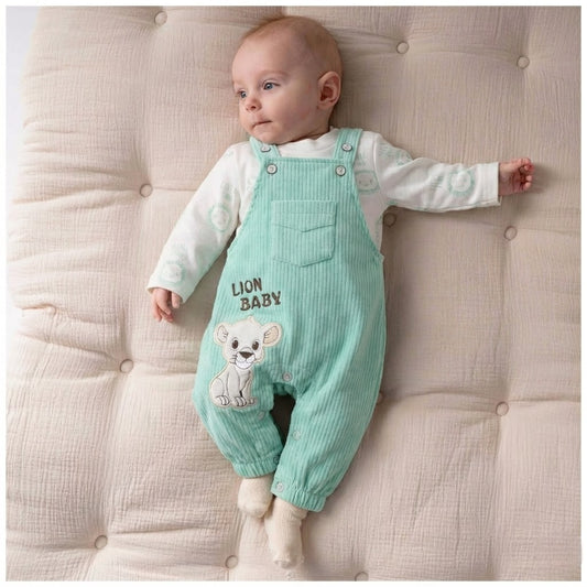 طقم سالوبيت أطفال ولادي فاخر - سالوبيت أخضر مطرز برسمة شبل الأسد و شيرت قطني ناعم