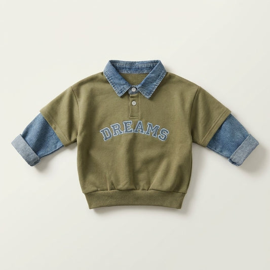 سويت شيرت بياقة وأكمام دنيم مدمجة زيتي