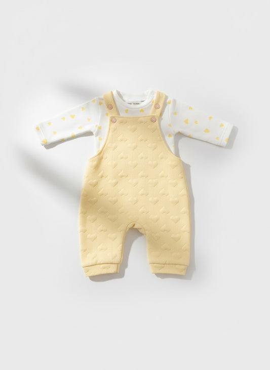 Adorable Yellow Heart Quilted Baby Overalls & Bodysuit Set - Soft & Cozy romper