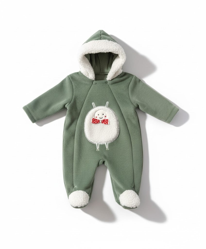 Adorable Plush Bear Hooded Baby Green Romper - Soft Corduroy Newborn Jumpsuit