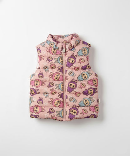 Baby Reversible Puffer Vest - Pink Solid to Colorful Cartoon Labubu