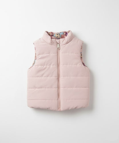 Baby Reversible Puffer Vest - Pink Solid to Colorful Cartoon Labubu
