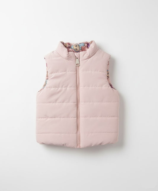 Baby Reversible Puffer Vest - Pink Solid to Colorful Cartoon Labubu