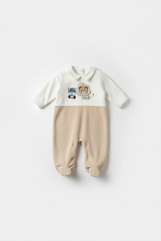 Adorable Plush Lion & Bear Baby Romper - Soft Cotton Footed Sleepsuit