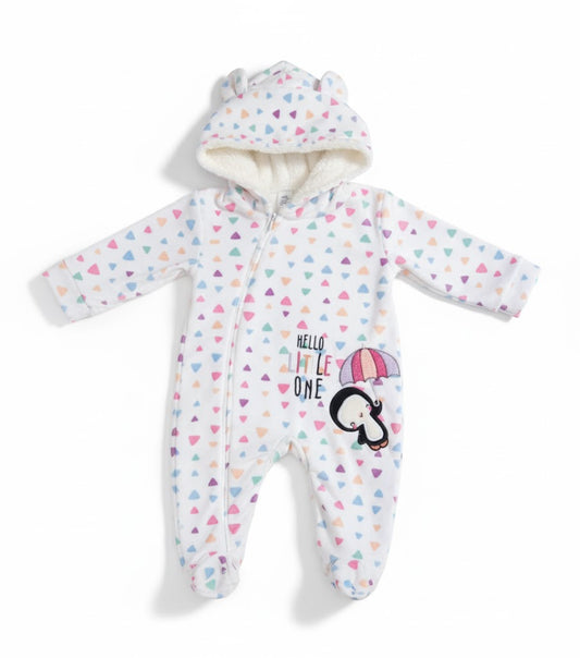 "Hello Little One" Penguin & Umbrella Printed Baby Sherpa-Lined Hooded romper