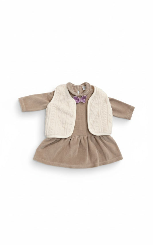 Baby Girl's Beige Dress and Cream Vest Outfit