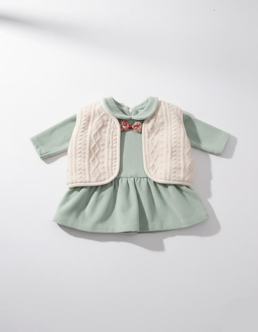 Baby Girl's Green Dress and Cream Vest Outfit
