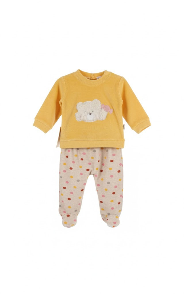 طقم نوم مخملي للأطفال بتصميم دب لطيف وبنطلون منقّط مغلق القدمين - أصفر