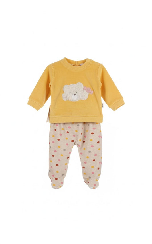 طقم نوم مخملي للأطفال بتصميم دب لطيف وبنطلون منقّط مغلق القدمين - أصفر