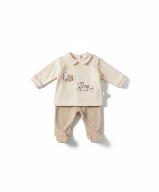 Cozy Beige Baby Footed Set with Embroidered Animals