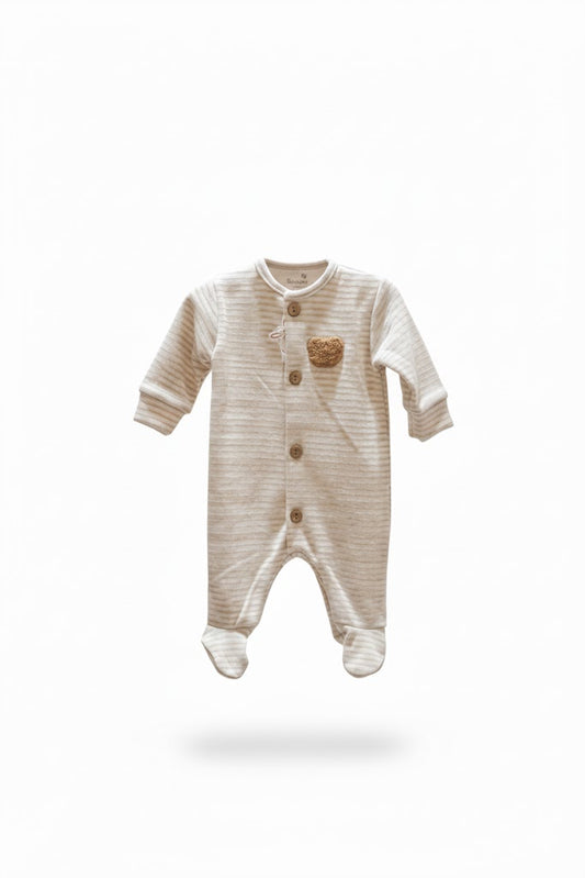 Cozy Neutral Striped Baby Sleeper | Organic Cotton Footie Pajamas with Wood Buttons