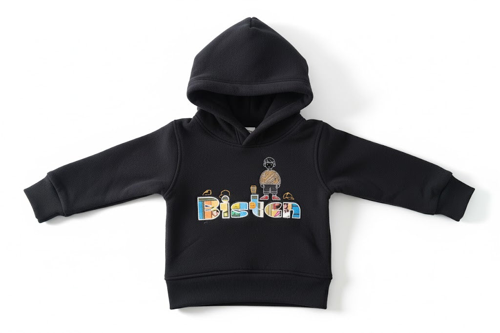 Playful "Boston" Rainbow Text Baby Hoodie - Cozy Black Fleece