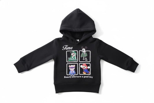 Retro Cartoon Stamp Print Baby Hoodie - Black Fleece with Disney & Nintendo Characters