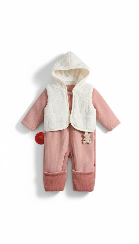 Cozy Pink Ribbed Knit Baby Jumpsuit with Sherpa Vest & Hood