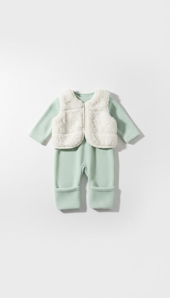 Cozy Light Green Ribbed Knit Baby Jumpsuit with Sherpa Vest & Hood