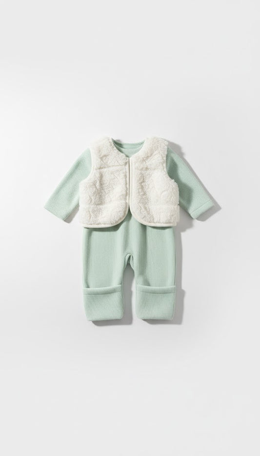 Cozy Light Green Ribbed Knit Baby Jumpsuit with Sherpa Vest & Hood