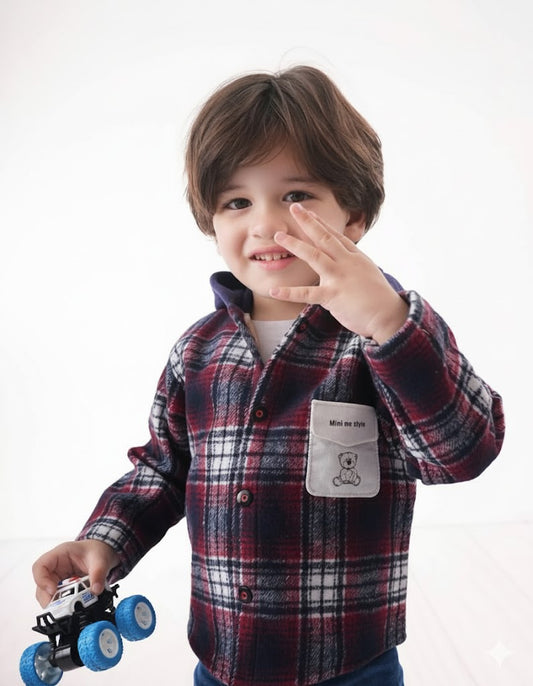Boys Cozy Plaid Flannel Hooded Shirt with Bear Patch