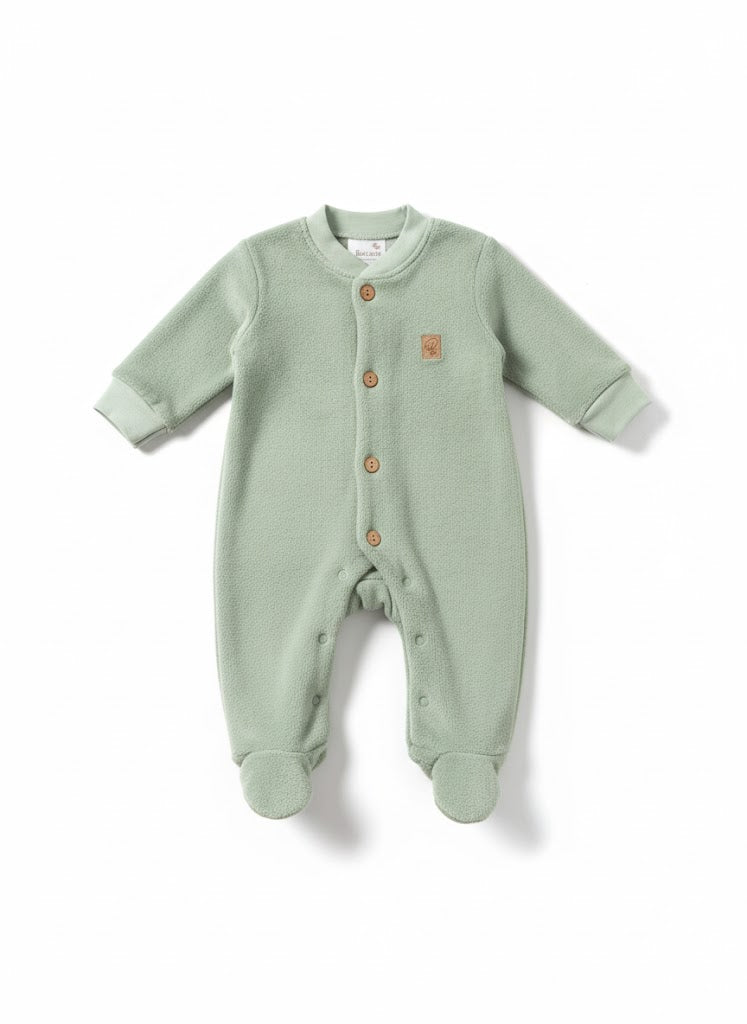 غطاء نوم فاخر للرضع بأقدام، باللون الأخضر المريمي الهادئ، مزود بأزرار خشبية أنيقة.