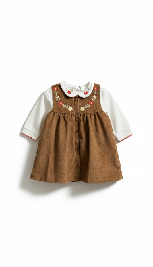 Embroidered Corduroy Baby Pinafore Dress with White Long-Sleeve Blouse