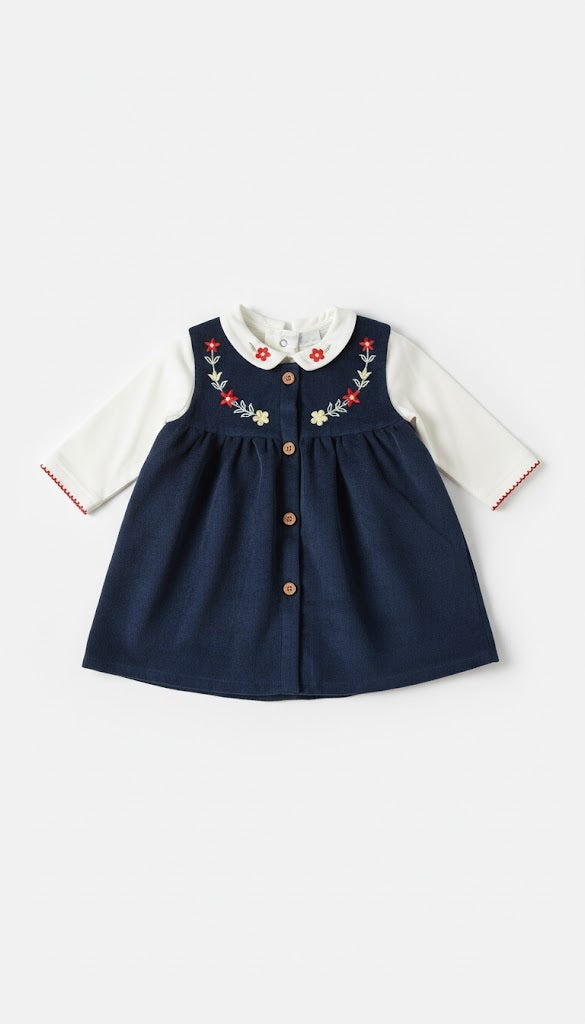 Embroidered Corduroy Baby Navy Dress with White Long-Sleeve Blouse