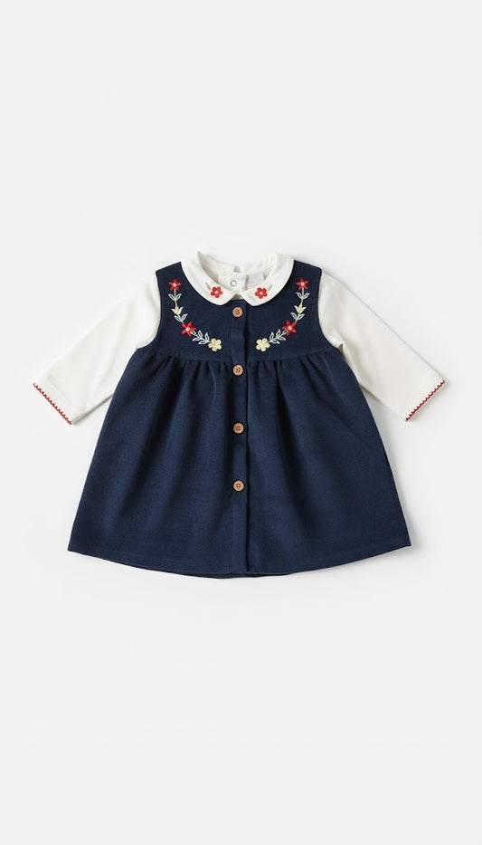 Embroidered Corduroy Baby Navy Dress with White Long-Sleeve Blouse