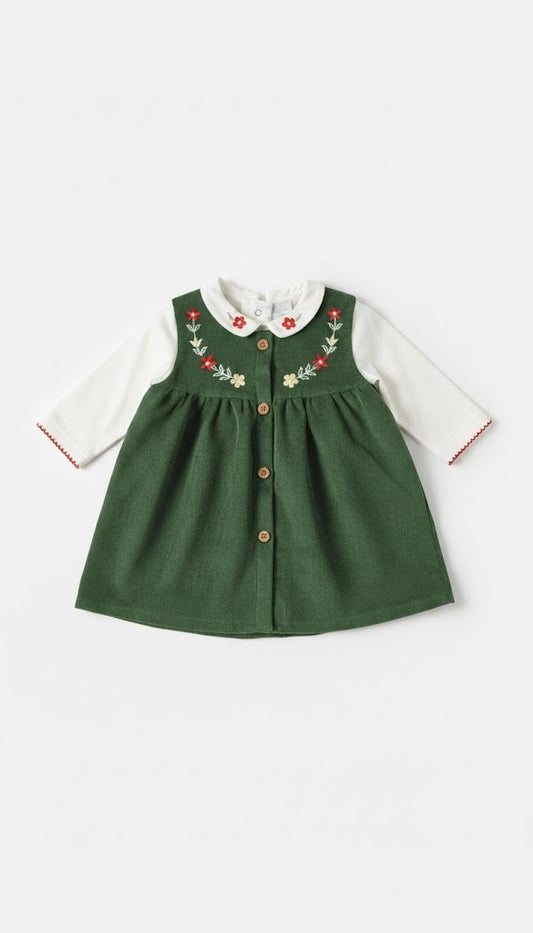 Embroidered Corduroy Baby Green Dress with White Long-Sleeve Blouse