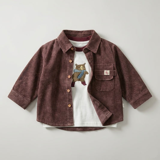 طقم ولادي خريفي قطعتين - قميص كودري (مخمل) بني وتيشيرت قطن برسمة دبدوب.