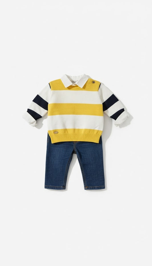 Striped Yellow Knit & Denim Set