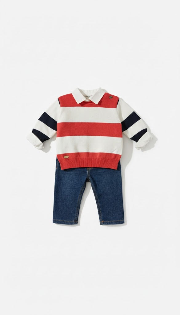 Striped Red Knit & Denim Set