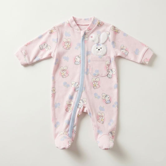 سالوبيت أطفال بناتي ناعم بطبعة أرانب لطيفة وسحاب أمامي - وردي