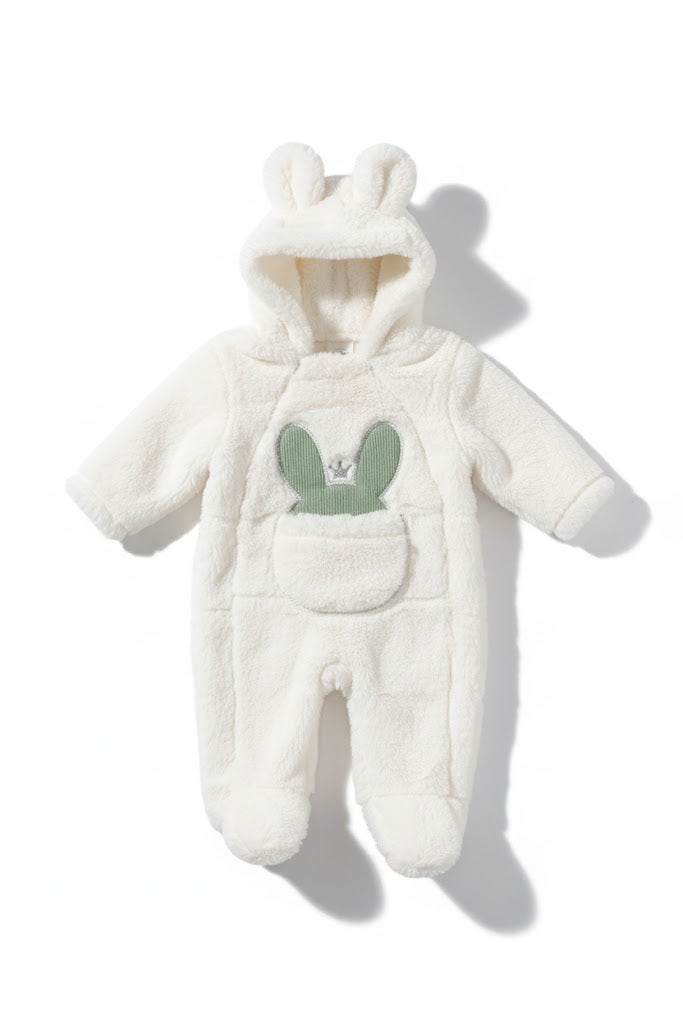 Cozy Bunny Ear Hooded Plush Baby Romper - White