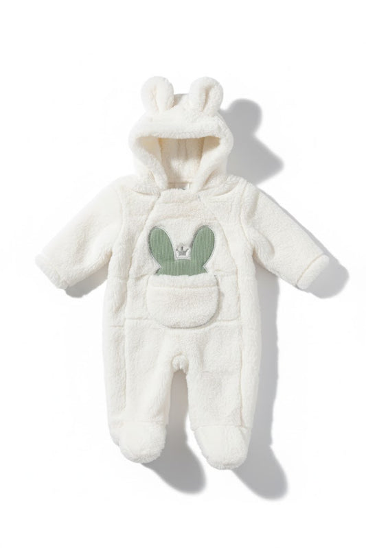 Cozy Bunny Ear Hooded Plush Baby Romper - White