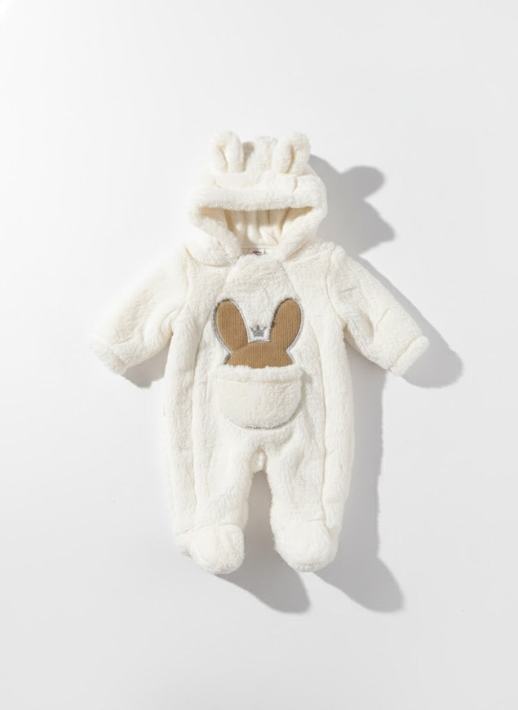 Cozy Bunny Ear Hooded Plush Baby Romper - White
