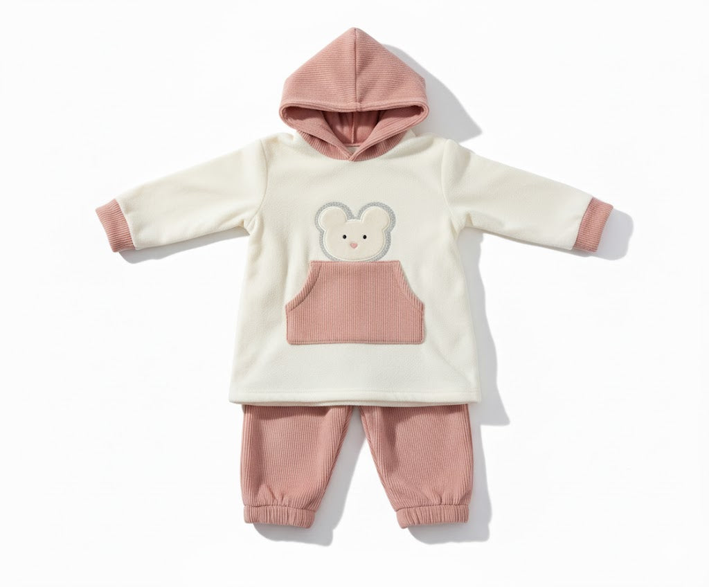Adorable Teddy Bear Hooded Outfit - Soft Pink & Cream Baby Set