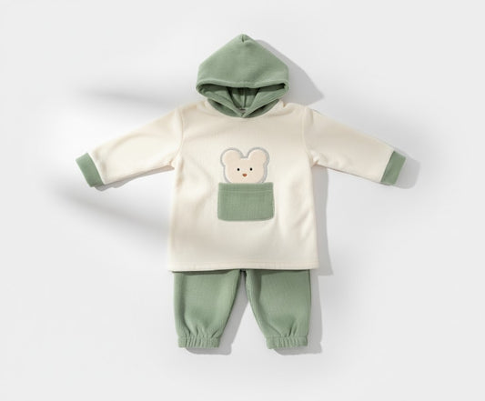 Adorable Teddy Bear Hooded Outfit - Green  & Cream Baby Set