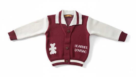 Baby Bear Varsity Cardigan - Maroon & White Knitted Sweater