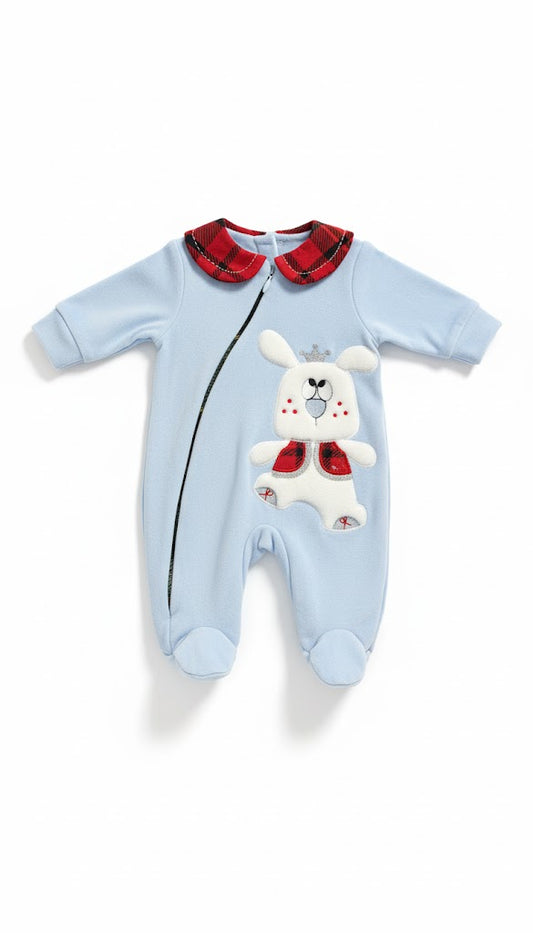 Newborn Baby Boy's Blue Rabbit Romper with Tartan Plaid Collar