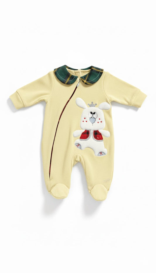 Newborn Baby Boy's Yellow Rabbit Romper with Tartan Plaid Collar
