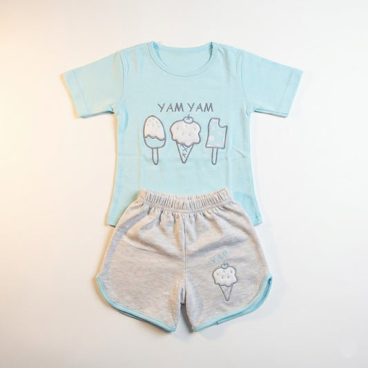 بيجامه نص كم ايس كريم  شورت ازرق