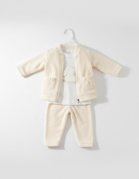 Adorable Beige Plush Baby Outfit - Soft Knit Jacket & Pants Set