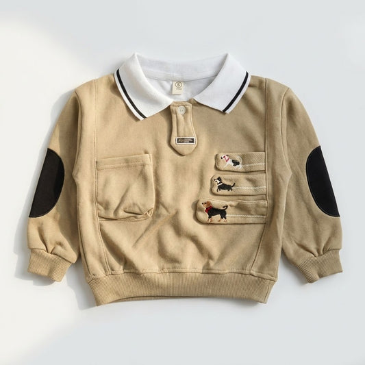 كنزة بولو للأطفال لون زيتي - تصميم الكلاب المرحة